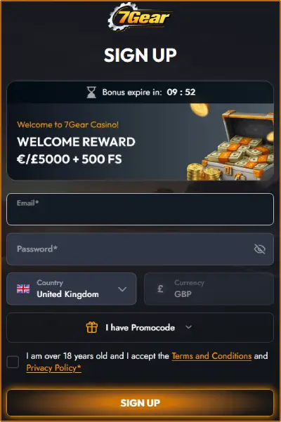 Registering at 7gear Casino